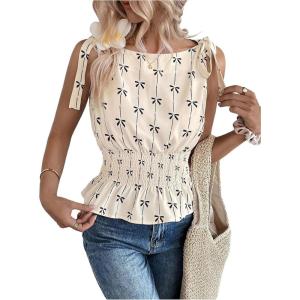 image:imageMakeMeChic Womens Bow Print Knot Blouse Ruffle Hem Sleeveless Shirred TopApricot