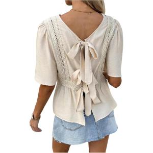 image:imageMakeMeChic Womens Bow Tie Back Blouse Crew Neck Ruffle Short Sleeve Shirt TopsApricot