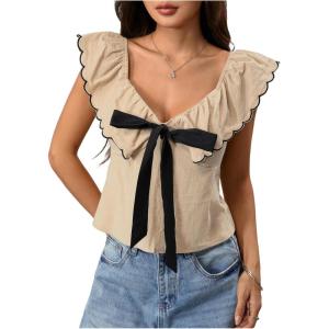 image:imageMakeMeChic Womens Bow Tie Front Sweetheart Blouse Ruffle Cap Sleeve Dressy Crop TopsApricot