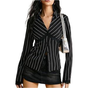image:imageMakeMeChic Womens Button Down Blouses Lace Trim Striped V Neck Tops Long Sleeve Tie Back ShirtsBlack and White