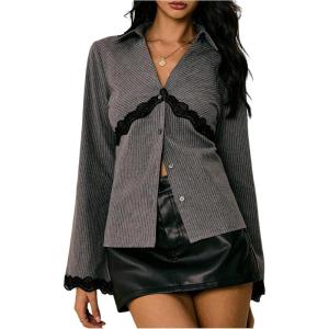 image:imageMakeMeChic Womens Button Down Blouses Lace Trim Striped V Neck Tops Long Sleeve Tie Back ShirtsGrey