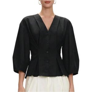 image:imageMakeMeChic Womens Button Down Dressy Blouse V Neck 34 Sleeve Ruffle Shirts TopsBlack