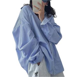 image:imageMakeMeChic Womens Casual Striped Button Down Shirt Long Sleeve Loose Boyfrined Blouse TopsBlue