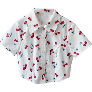 image:imageMakeMeChic Womens Cherry Button Down Shirt Collared Short Sleeve Blouse Crop TopsWhite