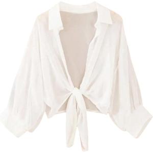 image:imageMakeMeChic Womens Chiffon Blouses Going Out Tops Long Sleeve Collared Shirt Oversized Blouse TopWhite