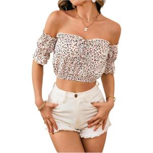 image:imageMakeMeChic Womens Ditsy Floral Blouse Off The Shoulder Short Sleeve Summer Boho Crop TopsMulticolor