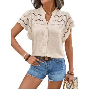 image:imageMakeMeChic Womens Dressy Blouse Eyelet Embroidery V Neck Top Button Down Ruffle Sleeve Hollow Out TopsApricot