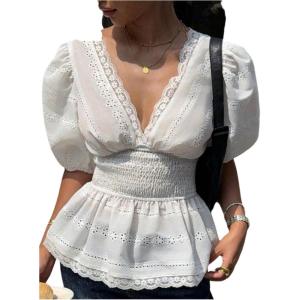 image:imageMakeMeChic Womens Elegant Eyelet Embroidery Lace Deep V Neck Blouse Puff Sleeve Ruffle Shirred TopsBeige