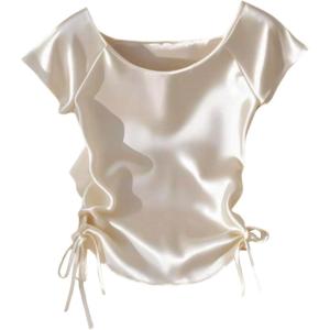 image:imageMakeMeChic Womens Fall Satin Tops Crew Neck Blouse Ruched Drawstring Side Short Sleeve TopsApricot
