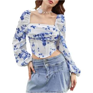 image:imageMakeMeChic Womens Floral Blouse Long Sleeve Crop Top Square Neck Back Zipper Going Out TopsBlue and White