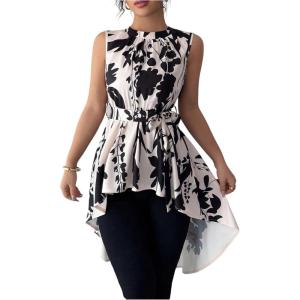 image:imageMakeMeChic Womens Floral Crew Neck Blouse High Low Sleeveless Belted Shirt TopsMulticolor