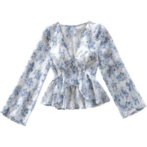 image:imageMakeMeChic Womens Floral Crop Tops V Neck Tie Front Ruffle Hem Long Sleeve Peplum BlouseBlue and White