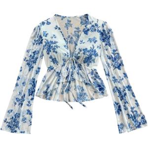image:imageMakeMeChic Womens Floral Crop Tops V Neck Tie Front Ruffle Hem Long Sleeve Peplum BlouseBlue and White B