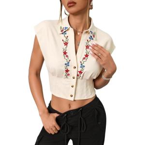 image:imageMakeMeChic Womens Floral Embroidered Button Down Shirt Cap Sleeve Shirred Blouse Crop TopsApricot
