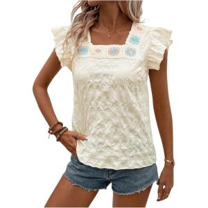 image:imageMakeMeChic Womens Floral Embroidery Blouse Flutter Sleeve Square Neck Textured Summer ShirtApricot