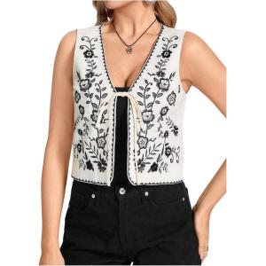 image:imageMakeMeChic Womens Floral Embroidery Vest Tie Front Sleeveless Vintage Crop TopsBlack and White