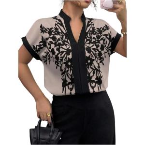 image:imageMakeMeChic Womens Floral Notched Blouse Contrast Binding Short Sleeve Work Dressy TopsGrey