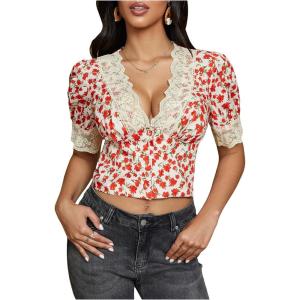 image:imageMakeMeChic Womens Floral Print Crop Tops Lace V Neck Puff Short Sleeve Blouses ShirtsRed