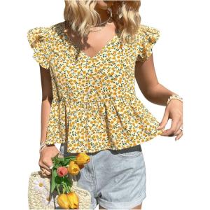 image:imageMakeMeChic Womens Floral Print Ruffle Cap Sleeve V Neck Summer Shirt Blouse Peplum TopsMulticolor