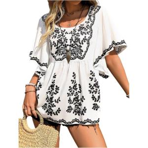 image:imageMakeMeChic Womens Floral Ruffle Sleeve Blouse Scoop Neck Peplum Shirt TopsWhite