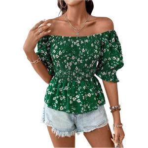 image:imageMakeMeChic Womens Floral Square Neck Tops Puff Sleeve Ruffle Hem Shirred Summer Blouses ShirtsGreen