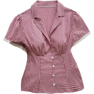 image:imageMakeMeChic Womens Gingham Tops Puff Sleeve Button Blouses Summer Collared Tee Shirt Y2K Babydoll TopRed