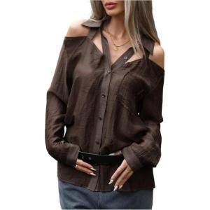 image:imageMakeMeChic Womens Going Out Cold Shoulder Button Down Shirt Cut Out Long Sleeve Blouse TopsCoffee Brown