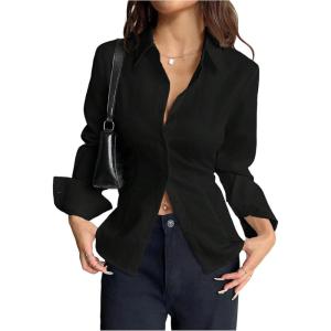 image:imageMakeMeChic Womens Going Out Tops Long Sleeve V Neck Button Down Blouse Lace Up Back Collared Work Top ShirtsBlack
