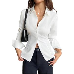 image:imageMakeMeChic Womens Going Out Tops Long Sleeve V Neck Button Down Blouse Lace Up Back Collared Work Top ShirtsWhite