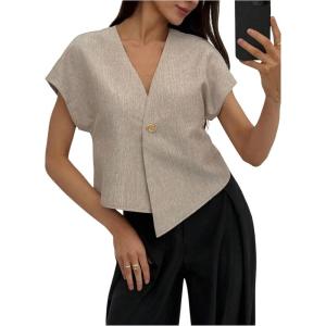 image:imageMakeMeChic Womens Going Out Tops V Neck Short Sleeve Work Tops Blouse Single Button Summer Teacher OutfitsKhaki