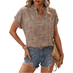 image:imageMakeMeChic Womens Graphic Print Notched Blouse Short Sleeve Summer Blouses TopsApricot