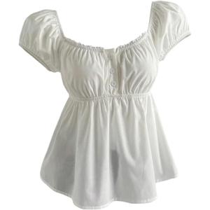 image:imageMakeMeChic Womens Lace Puff Sleeve Blouse Tops Square Neck Button Ruffle Hem Summer TopsWhite