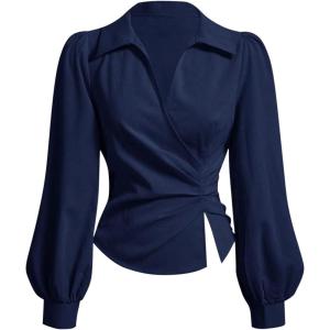 image:imageMakeMeChic Womens Lantern Sleeve V Neck Blouse Wrap Ruched Split Work Office Shirt TopsBlue