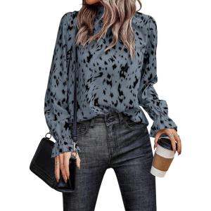 image:imageMakeMeChic Womens Leopard Print Ruffle Long Sleeve Frill Trim Mock Neck Casual Blouse Shirt TopBlue