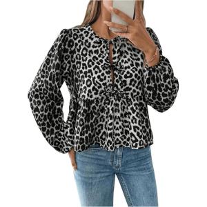 image:imageMakeMeChic Womens Leopard Print Tie Neck Blouses Long Lantern Sleeve Ruffled TopsBlack and White