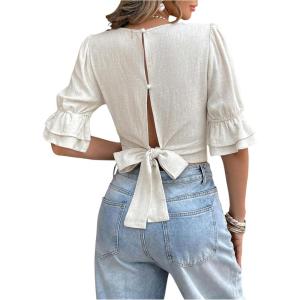 image:imageMakeMeChic Womens Linen Tiered Bell Sleeve Blouse Square Neck Tie Back Going Out Crop TopsApricot