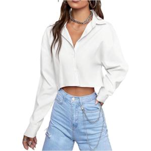 image:imageMakeMeChic Womens Long Sleeve Button Down Shirt Collared Summer Crop TopsWhite
