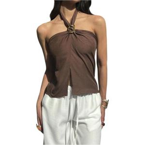 image:imageMakeMeChic Womens Metal Decor Halter Crop Tops Tie Back Ruched Split Sleeveless TankCoffee Brown