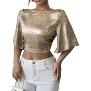 image:imageMakeMeChic Womens Metallic Crew Neck Blouse Open Back Bell Sleeve Party Y2K Crop TopsGold