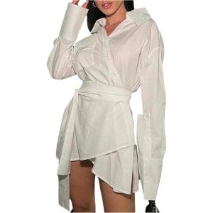 image:imageMakeMeChic Womens Mini Shirt Dresses Botton Tie Waist Long Sleeve Collar Tunic Blouse 2025White