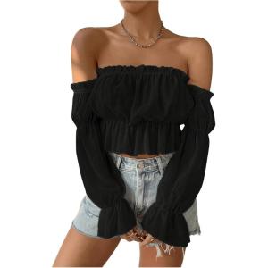 image:imageMakeMeChic Womens Off Shoulder Flounce Sleeve Blouse Frill Trim Flared Hem Crop TopsBlack
