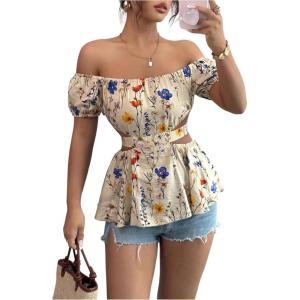 image:imageMakeMeChic Womens Off The Shoulder Blouse Floral Cut Out Ruffle Short Sleeve Summer TopsMulticolor