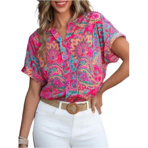 image:imageMakeMeChic Womens Paisley Print Notched Shirt Short Sleeve Tunic Blouse Summer Casual TopMulticolor