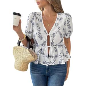 image:imageMakeMeChic Womens Peplum Babydoll Top Floral Ruffle Hem Puff Short Sleeve Tie Front Flowy BlouseWhite