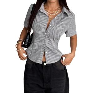 image:imageMakeMeChic Womens Plaid Gingham Button Down Shirt Short Sleeve Going Out Blouse TopsMulticolor
