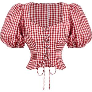 image:imageMakeMeChic Womens Plaid Gingham Crop Tops Puff Sleeve Sweetheart Lace Up BlouseRed and White