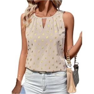image:imageMakeMeChic Womens Polka Dots Keyhole Neck Tank Sleeveless Dressy Shirt TopsApricot