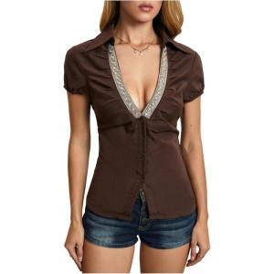 image:imageMakeMeChic Womens Rhinestone V Neck Blouse Short Sleeve Shirred Summer Button Down ShirtCoffee Brown