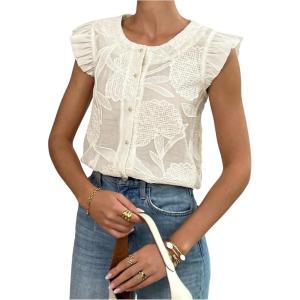 image:imageMakeMeChic Womens Ruffle Cap Sleeve Button Down Shirt Crew Neck Jacquard Dressy Blouse TopsApricot