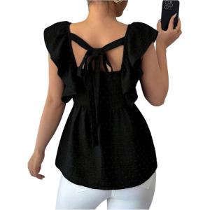 image:imageMakeMeChic Womens Ruffle Cap Sleeve Tie Back Blouse Square Neck Peplum Summer Shirt TopsBlack